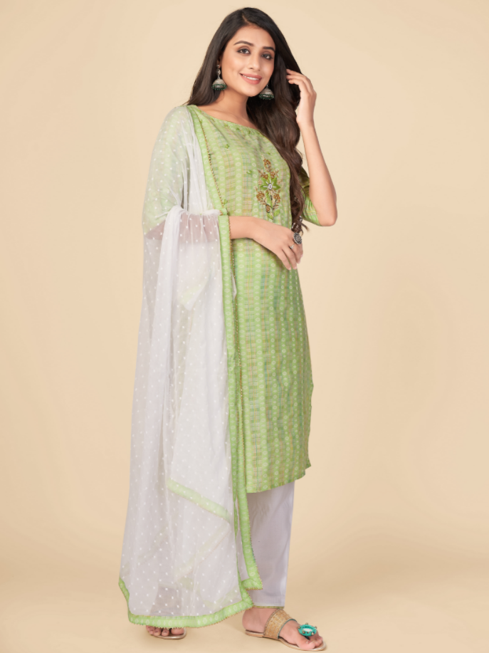 NOZ2TOZ Women's Printed & Hand Work Straight Cotton Parrot Green Kurta Pant With Dupatta (3Pcs Set) - Swadesiicart