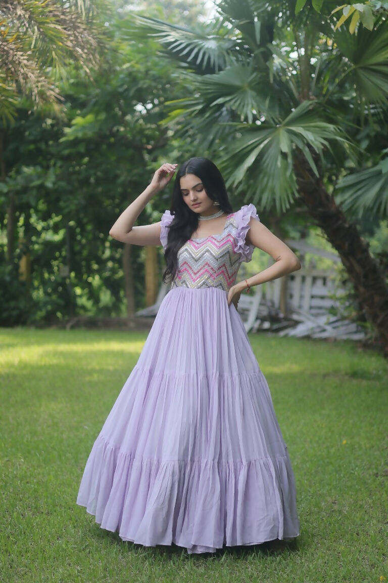 Jyoti Fashion Women's Purple Sequins Thread Embroidery Faux Georgette Anarkali Dress | Swadesiicart