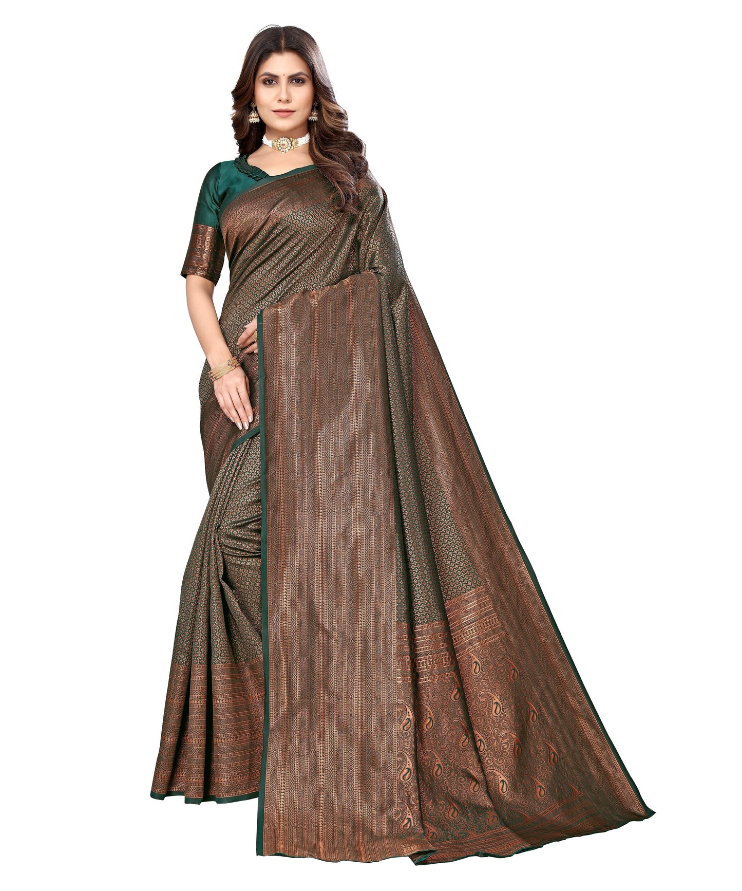 Vamika Weaving Banarasi Jacquard Green Kanjivaram Saree | Swadesiicart