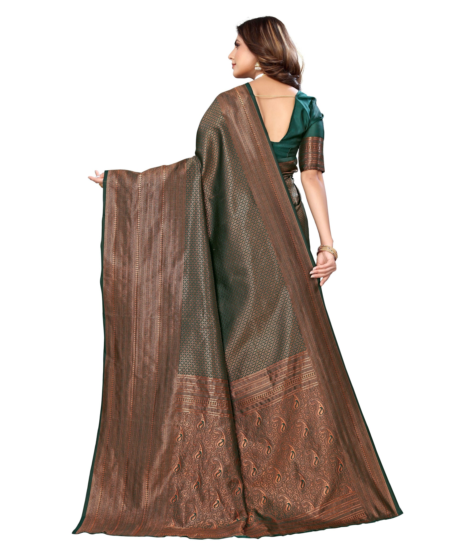 Vamika Weaving Banarasi Jacquard Green Kanjivaram Saree | Swadesiicart