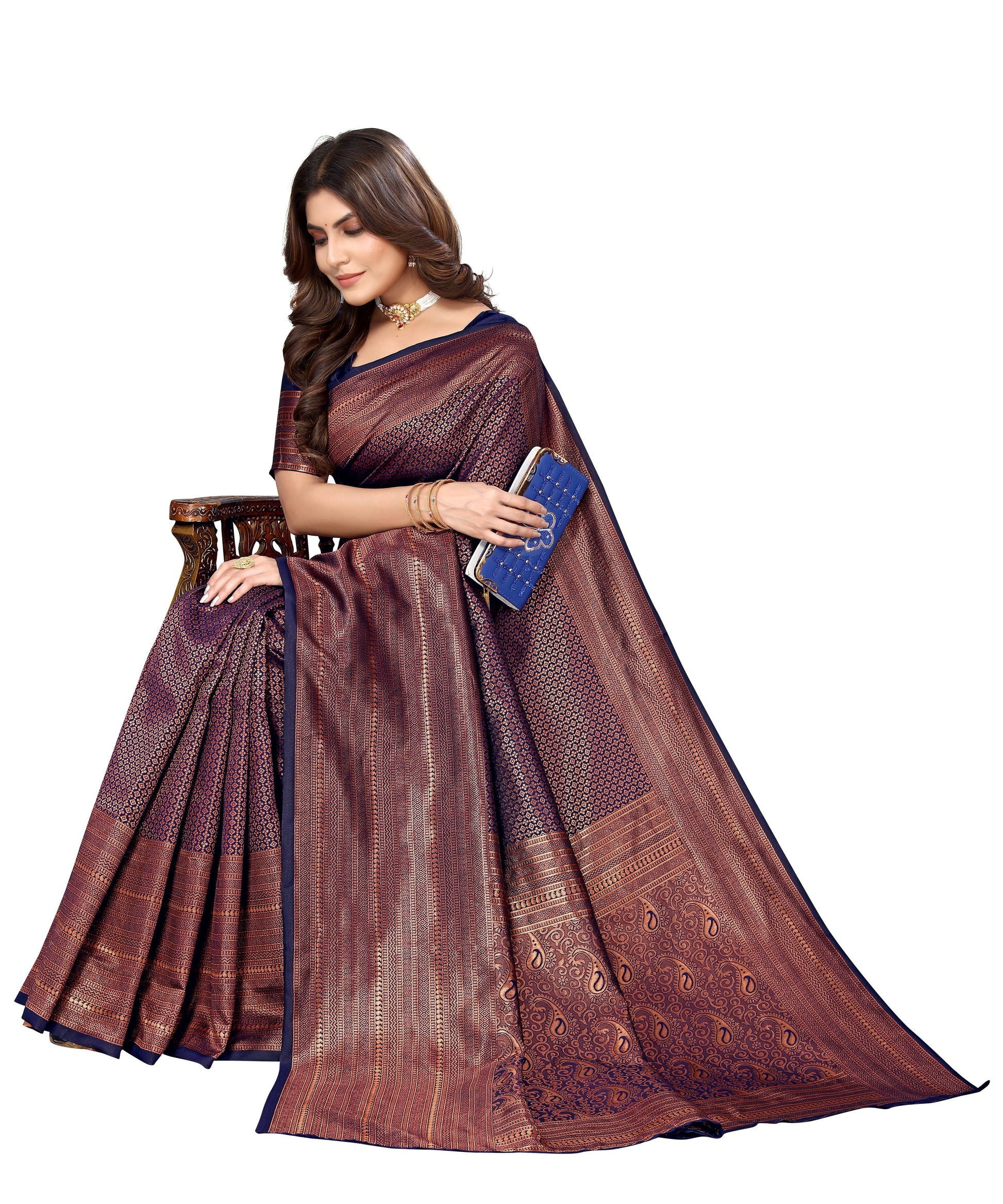 Vamika Weaving Banarasi Jacquard Navy Kanjivaram Saree | Swadesiicart
