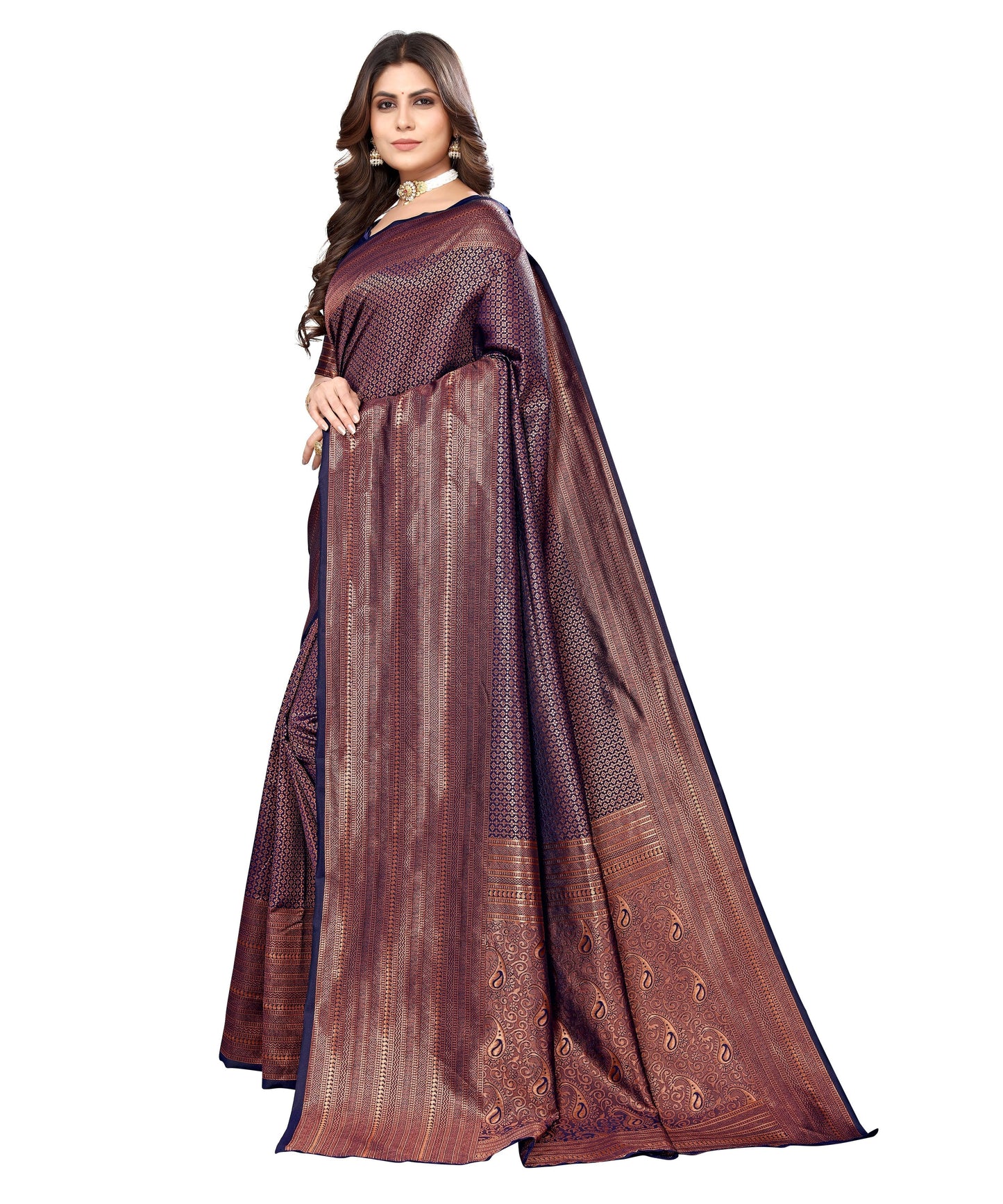 Vamika Weaving Banarasi Jacquard Navy Kanjivaram Saree | Swadesiicart
