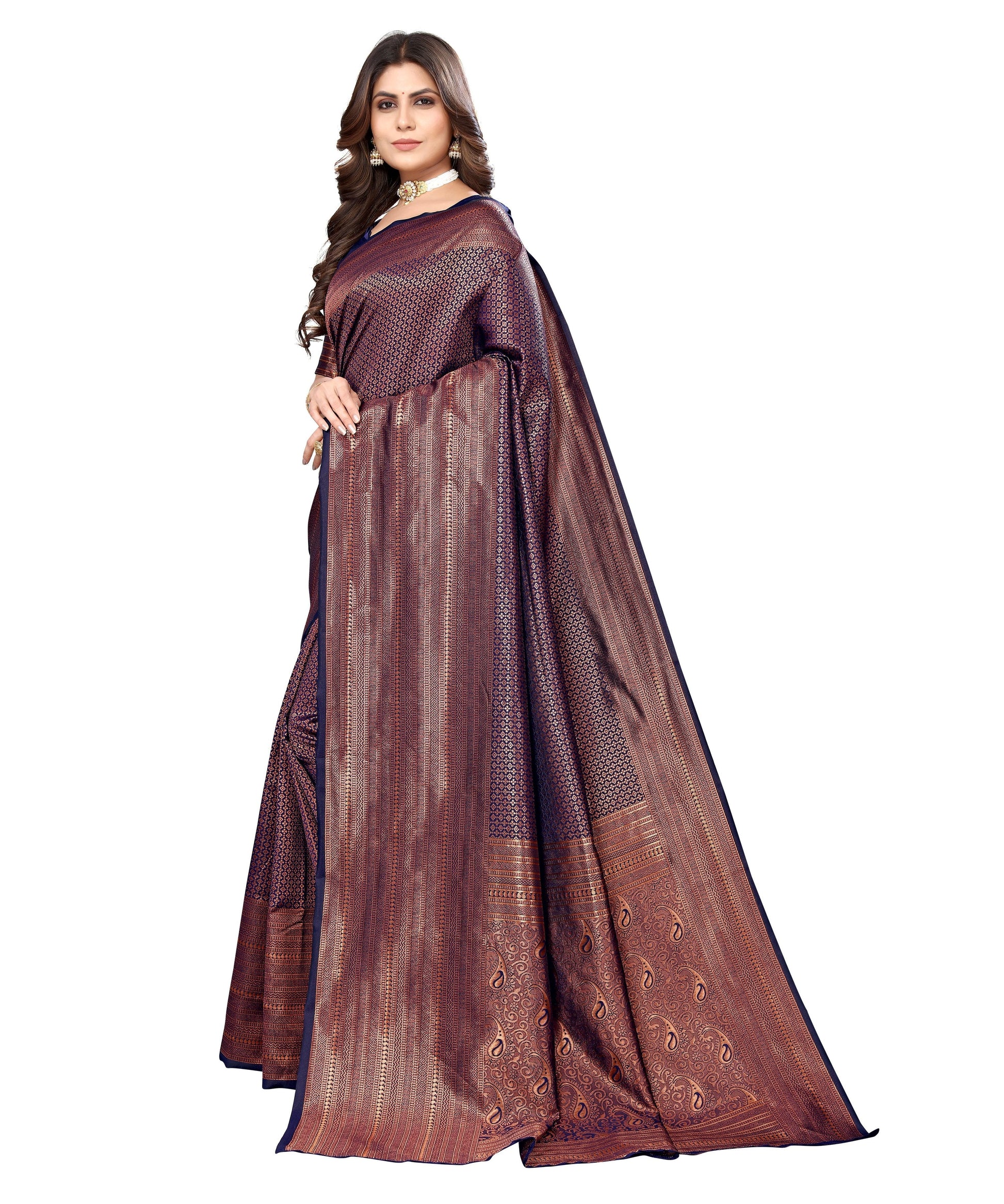 Vamika Weaving Banarasi Jacquard Navy Kanjivaram Saree | Swadesiicart