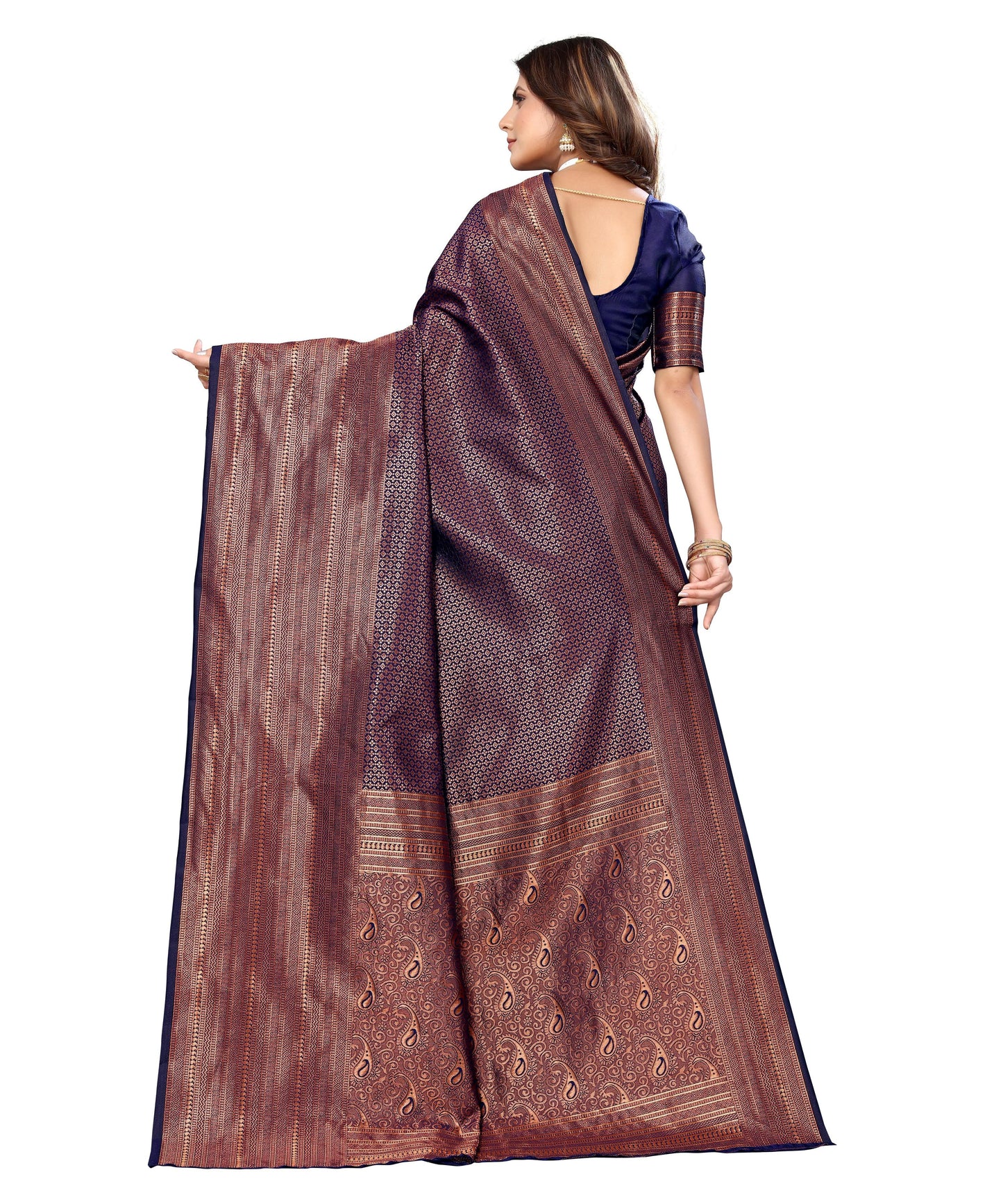 Vamika Weaving Banarasi Jacquard Navy Kanjivaram Saree | Swadesiicart