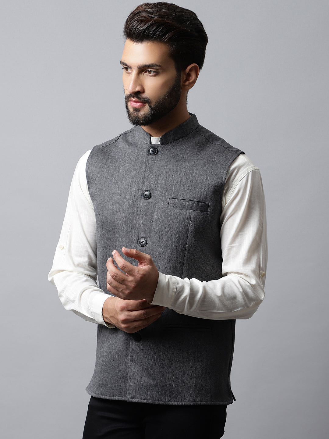 Even Apparels Men's Grey Nehru Jacket With Welt Pockets | Swadesiicart
