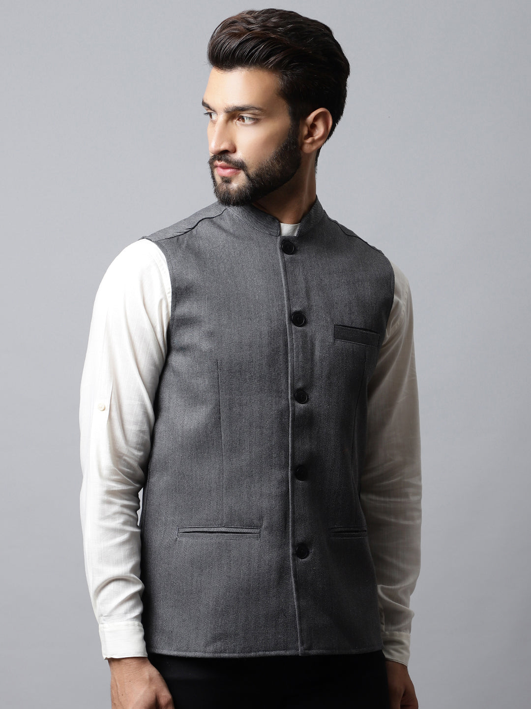 Even Apparels Men's Grey Nehru Jacket With Welt Pockets | Swadesiicart