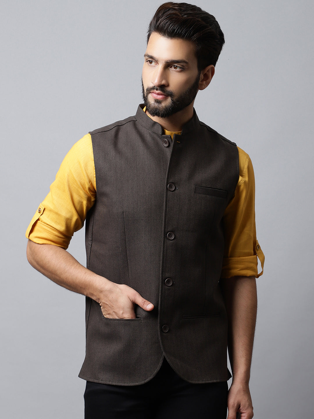 Even Apparels Men's Brown Nehru Jacket With Welt Pockets | Swadesiicart