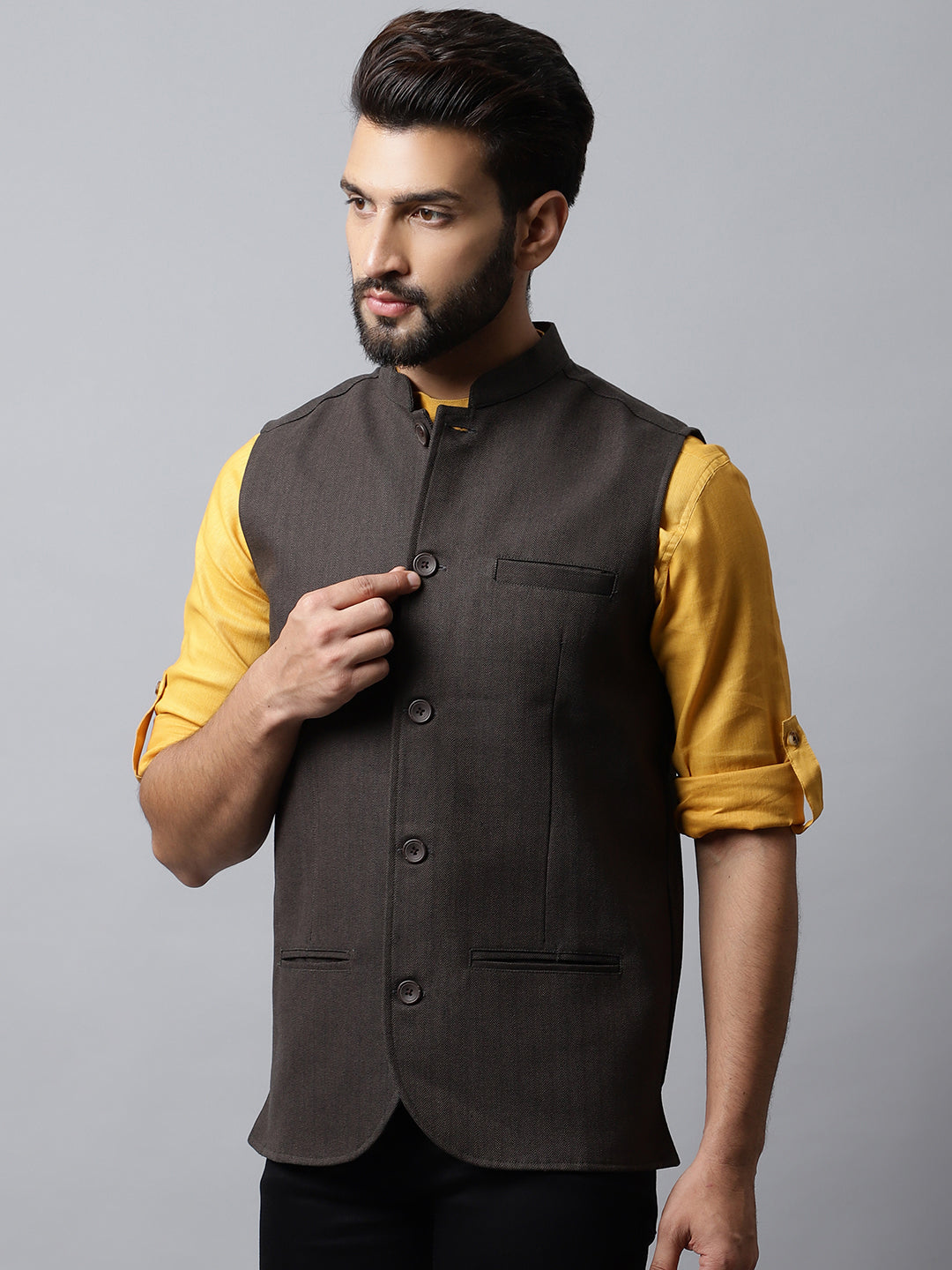 Even Apparels Men's Brown Nehru Jacket With Welt Pockets | Swadesiicart