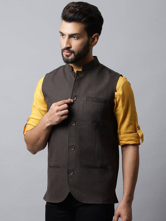 Even Apparels Men's Brown Nehru Jacket With Welt Pockets | Swadesiicart