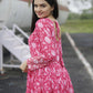 Aayaa Printed Faux Georgette with Embroidery Zari Sequins work Gown - Red Pink