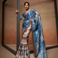 Blue Satin Digital Printed Saree with Unstitched Blouse Piece - Jodha