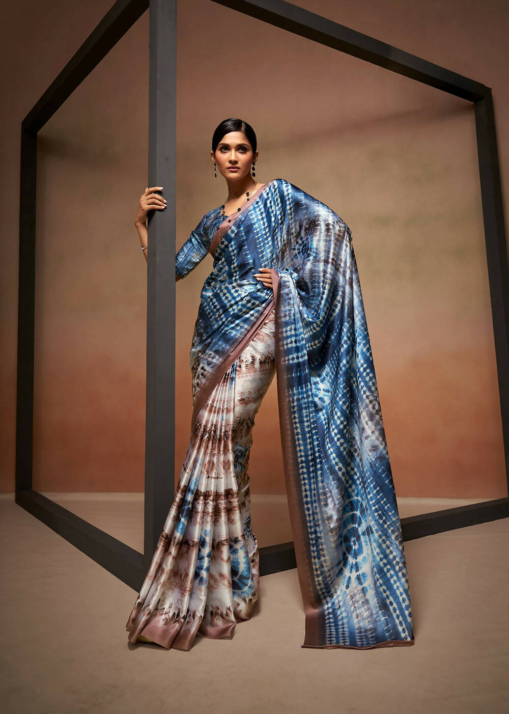 Blue Satin Digital Printed Saree with Unstitched Blouse Piece - Jodha