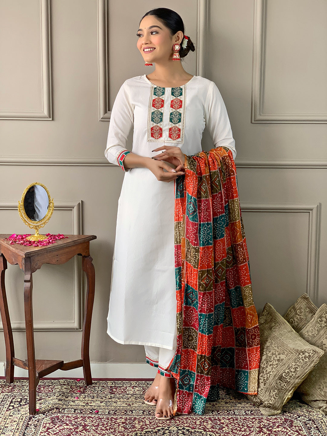 The52 White Embroidered Viscose Fabric Straight Kurta, Pant and Dupatta Set - Swadesiicart