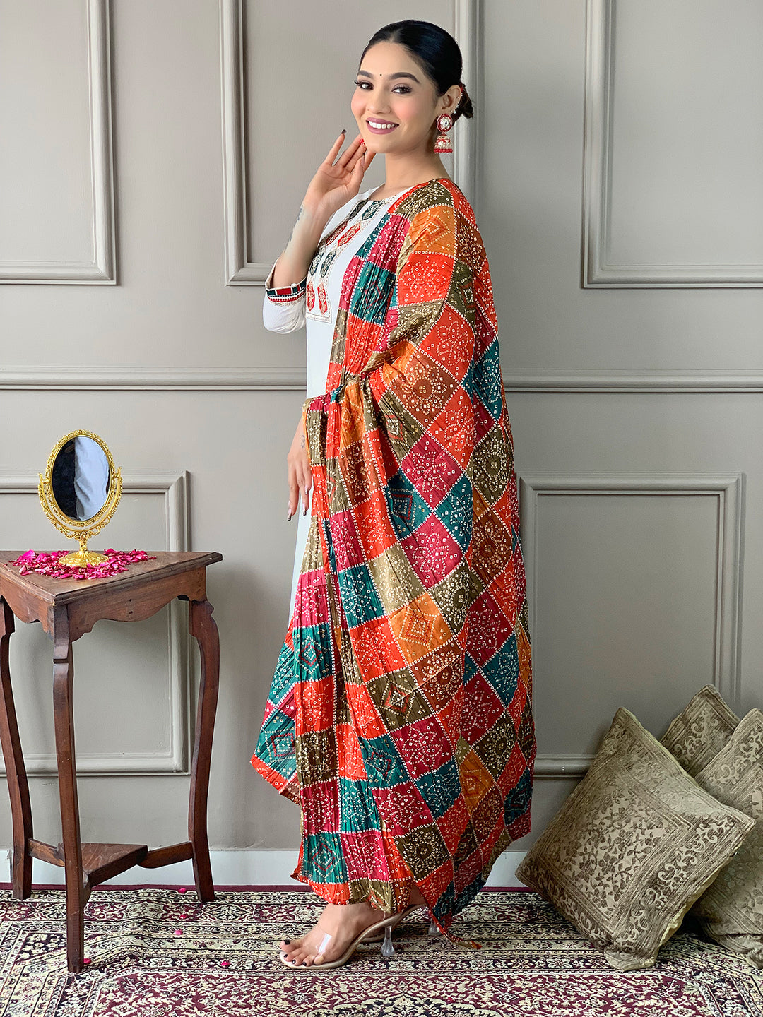 The52 White Embroidered Viscose Fabric Straight Kurta, Pant and Dupatta Set - Swadesiicart
