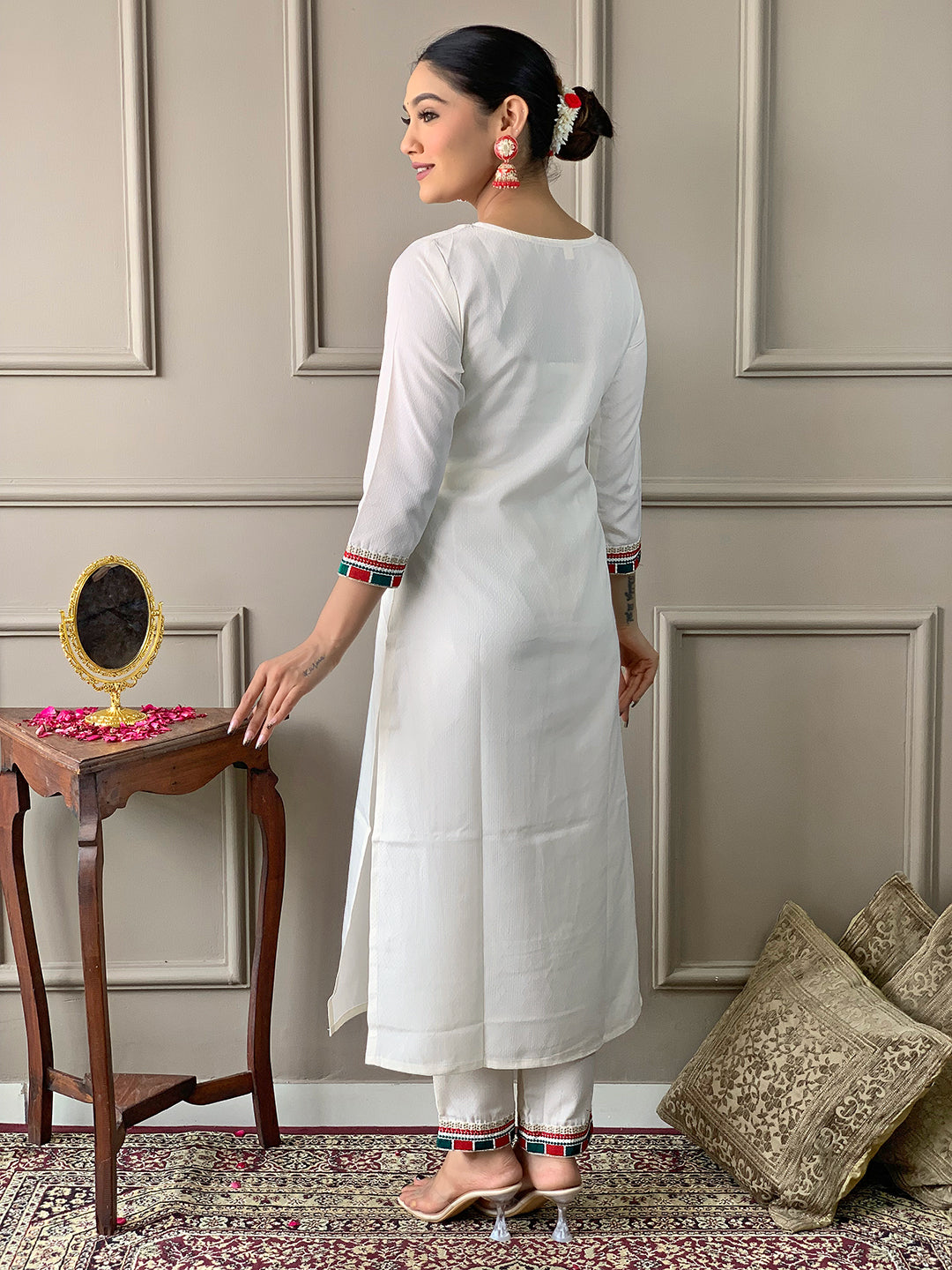 The52 White Embroidered Viscose Fabric Straight Kurta, Pant and Dupatta Set - Swadesiicart