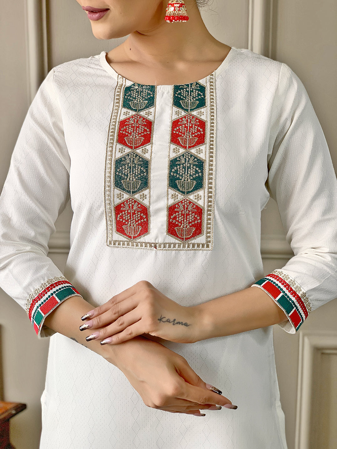 The52 White Embroidered Viscose Fabric Straight Kurta, Pant and Dupatta Set - Swadesiicart