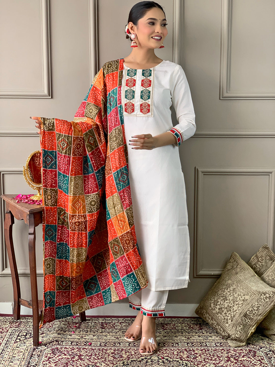 The52 White Embroidered Viscose Fabric Straight Kurta, Pant and Dupatta Set - Swadesiicart