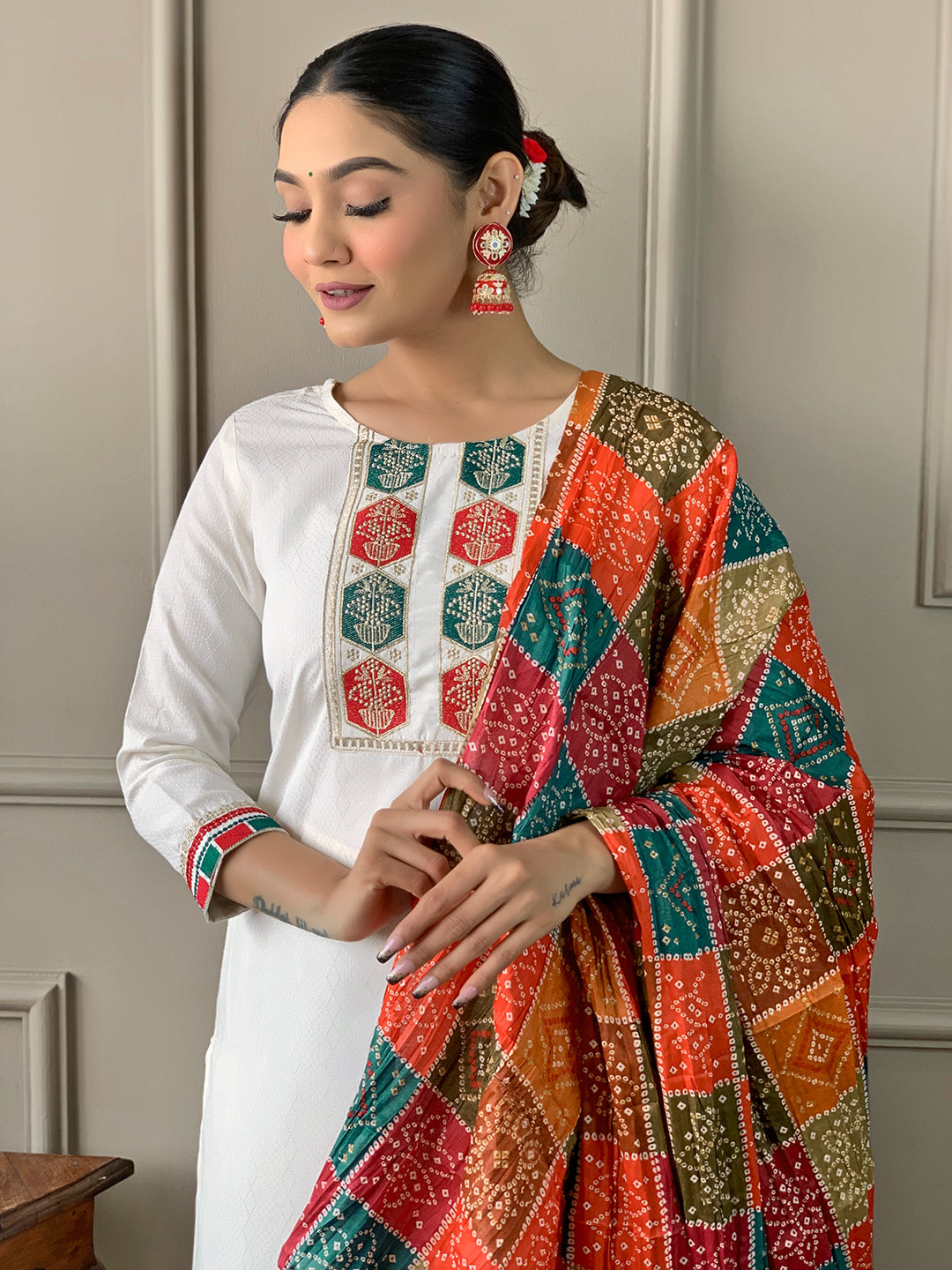 The52 White Embroidered Viscose Fabric Straight Kurta, Pant and Dupatta Set - Swadesiicart
