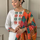 The52 White Embroidered Viscose Fabric Straight Kurta, Pant and Dupatta Set - Swadesiicart