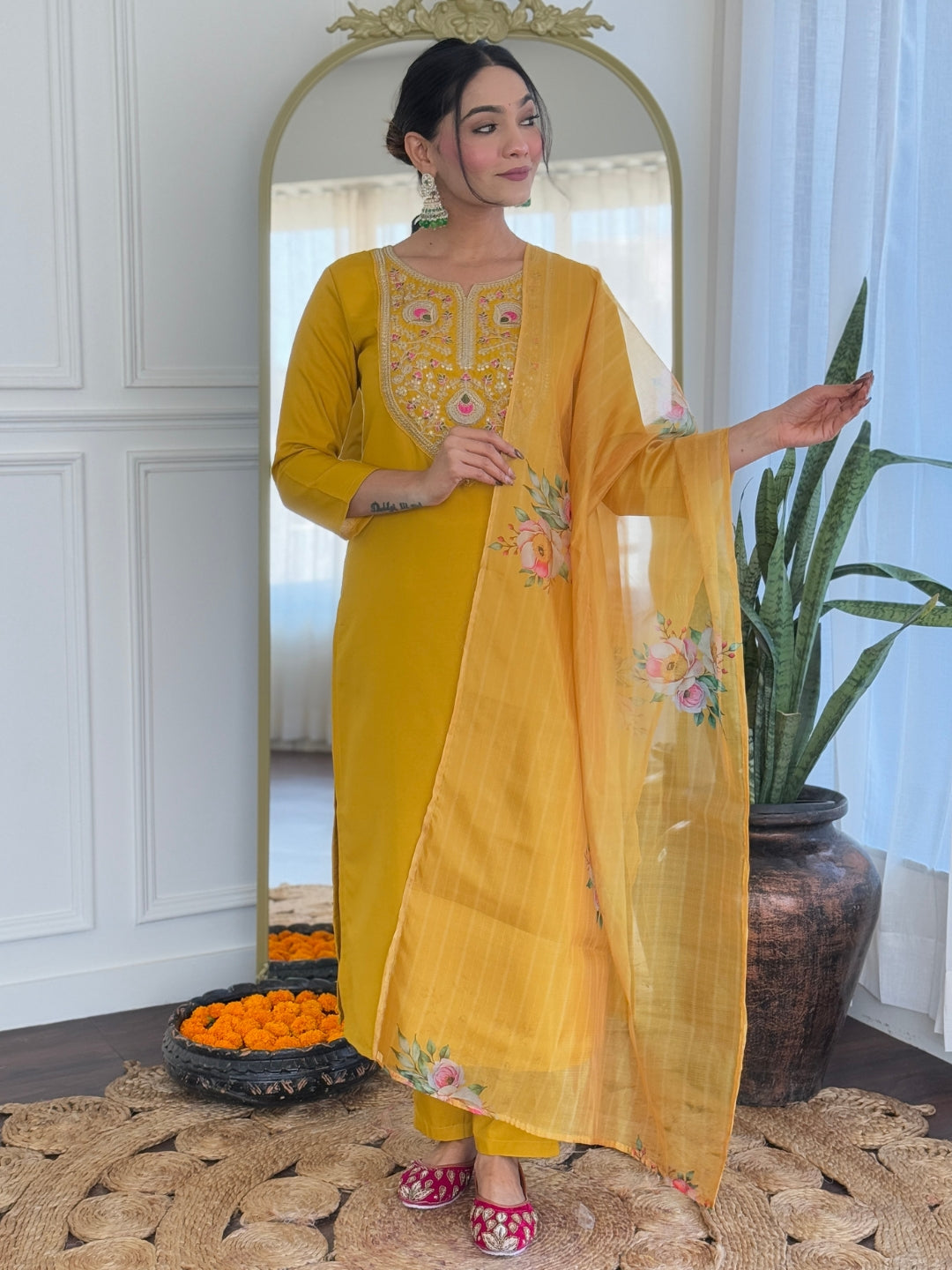 The52 Mustard Embroidered Rayon Fabric Straight Kurta, Pant and Dupatta Set - Swadesiicart
