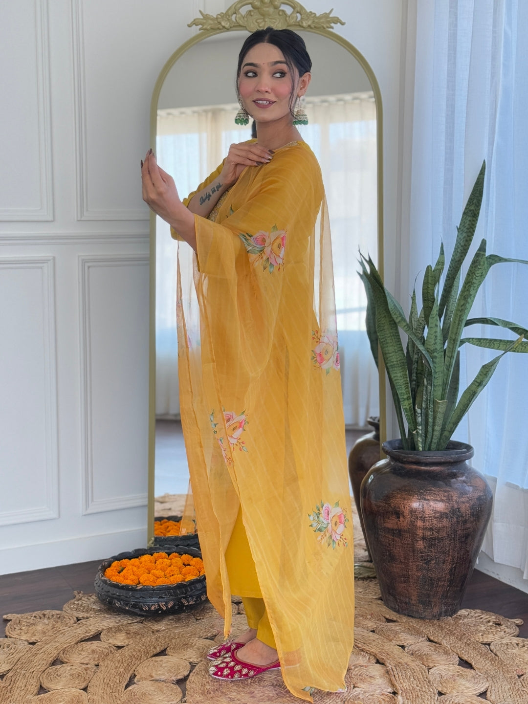 The52 Mustard Embroidered Rayon Fabric Straight Kurta, Pant and Dupatta Set - Swadesiicart