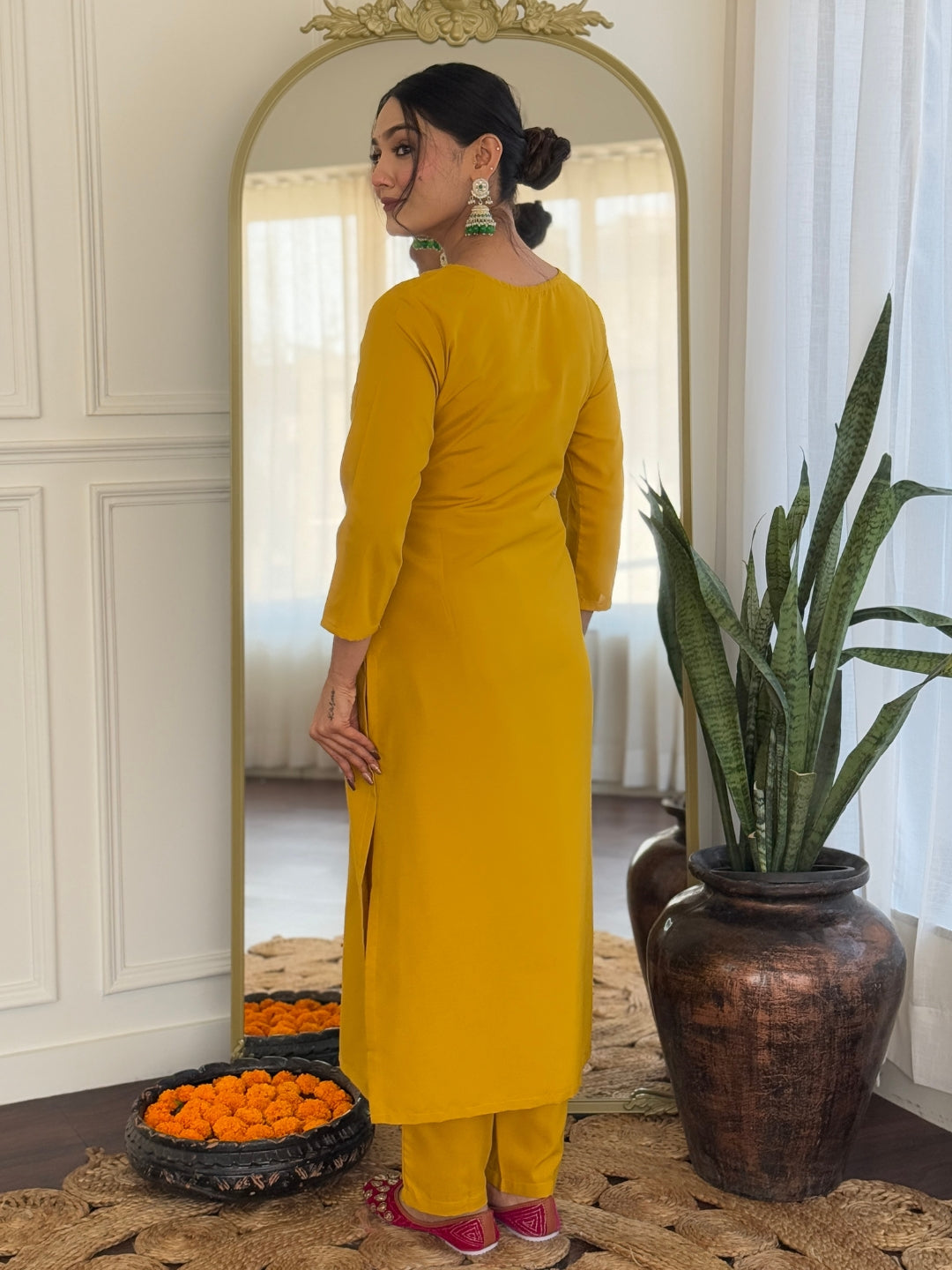 The52 Mustard Embroidered Rayon Fabric Straight Kurta, Pant and Dupatta Set - Swadesiicart