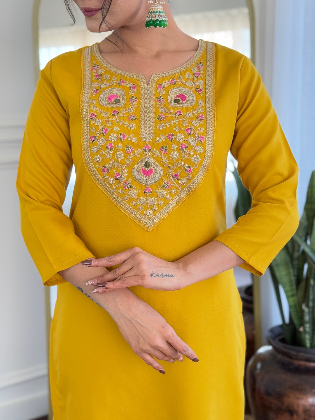 The52 Mustard Embroidered Rayon Fabric Straight Kurta, Pant and Dupatta Set - Swadesiicart