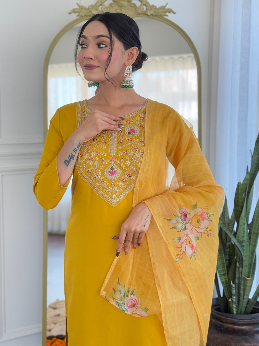 The52 Mustard Embroidered Rayon Fabric Straight Kurta, Pant and Dupatta Set - Swadesiicart