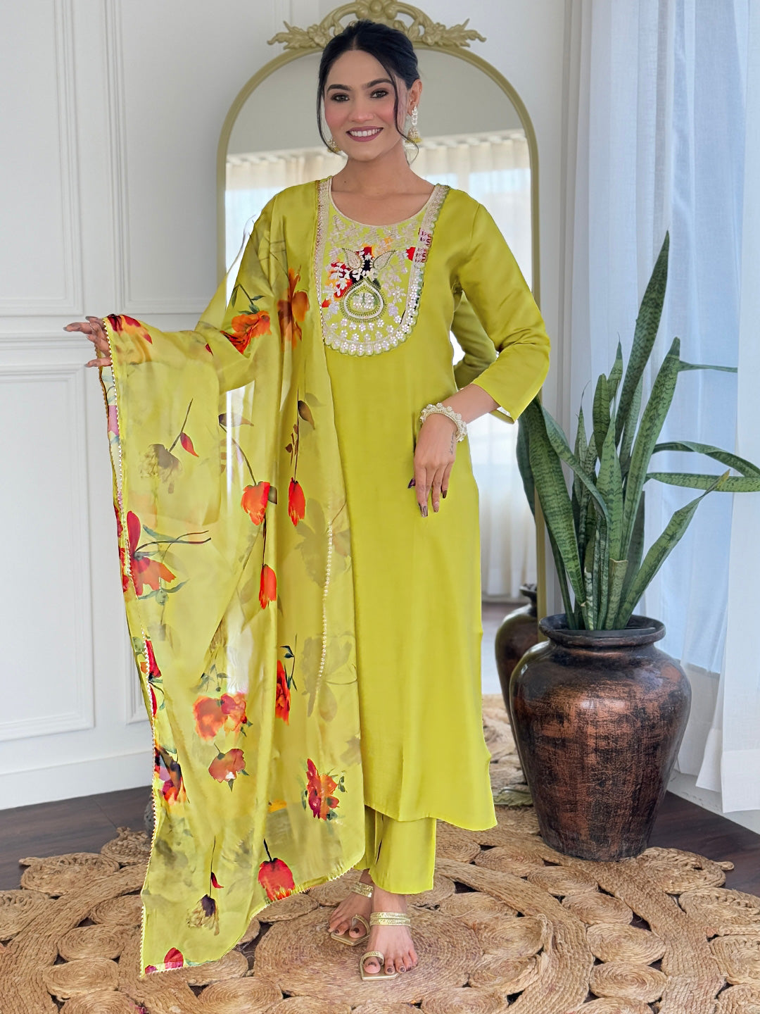 The52 Liril Embroidered Rayon Fabric Straight Kurta, Pant and Dupatta Set - Swadesiicart