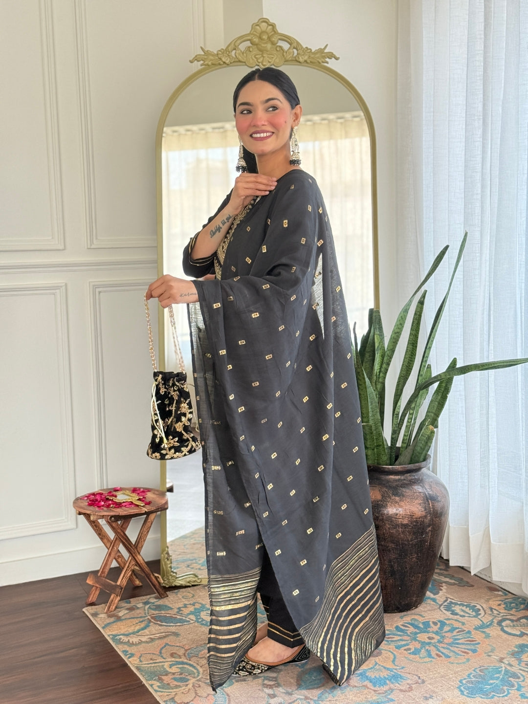 The52 Women's Black Embroidered Cotton Slub Fabric Straight Kurta, Pant and Dupatta Set - Swadesiicart