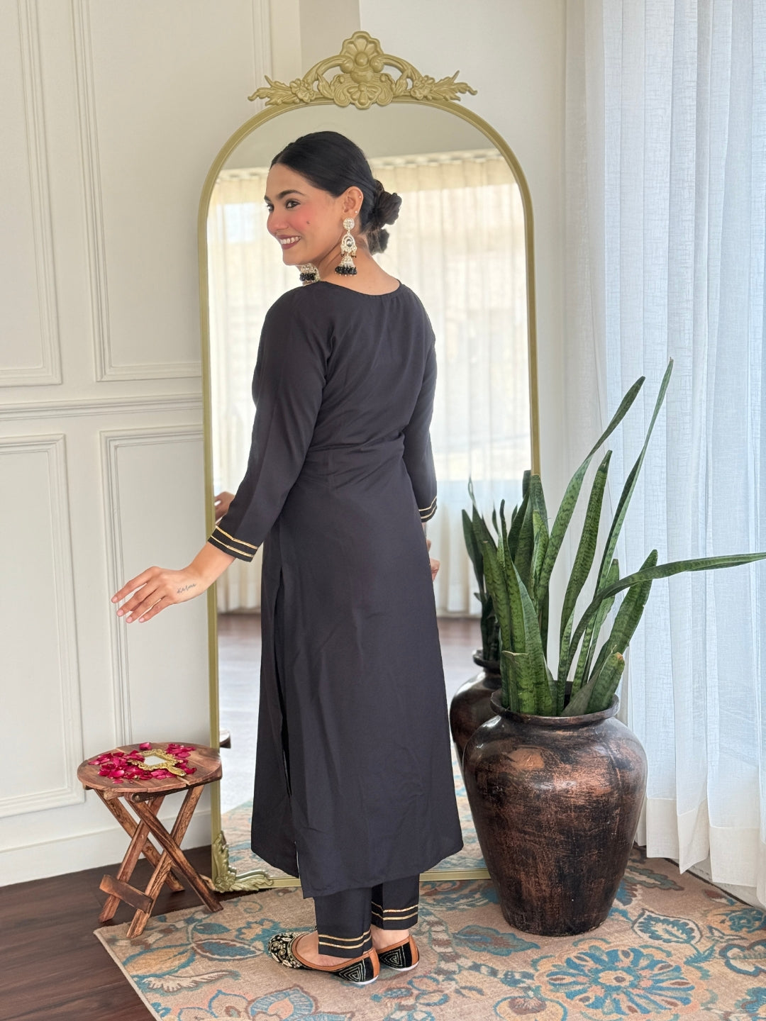 The52 Women's Black Embroidered Cotton Slub Fabric Straight Kurta, Pant and Dupatta Set - Swadesiicart