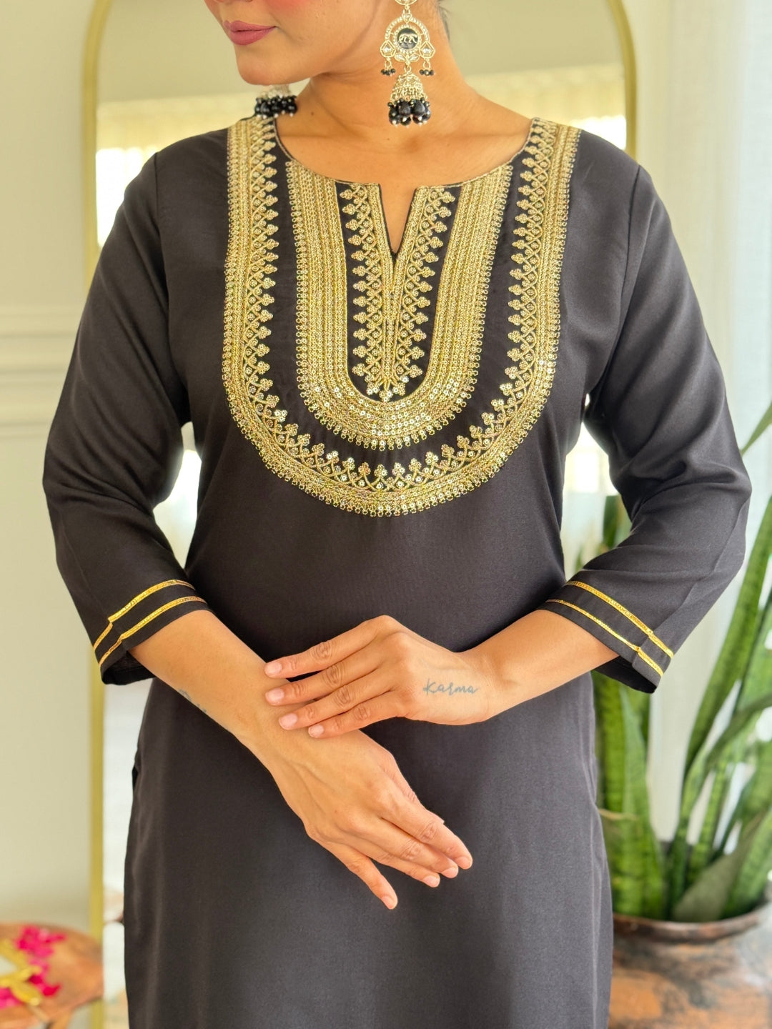 The52 Women's Black Embroidered Cotton Slub Fabric Straight Kurta, Pant and Dupatta Set - Swadesiicart