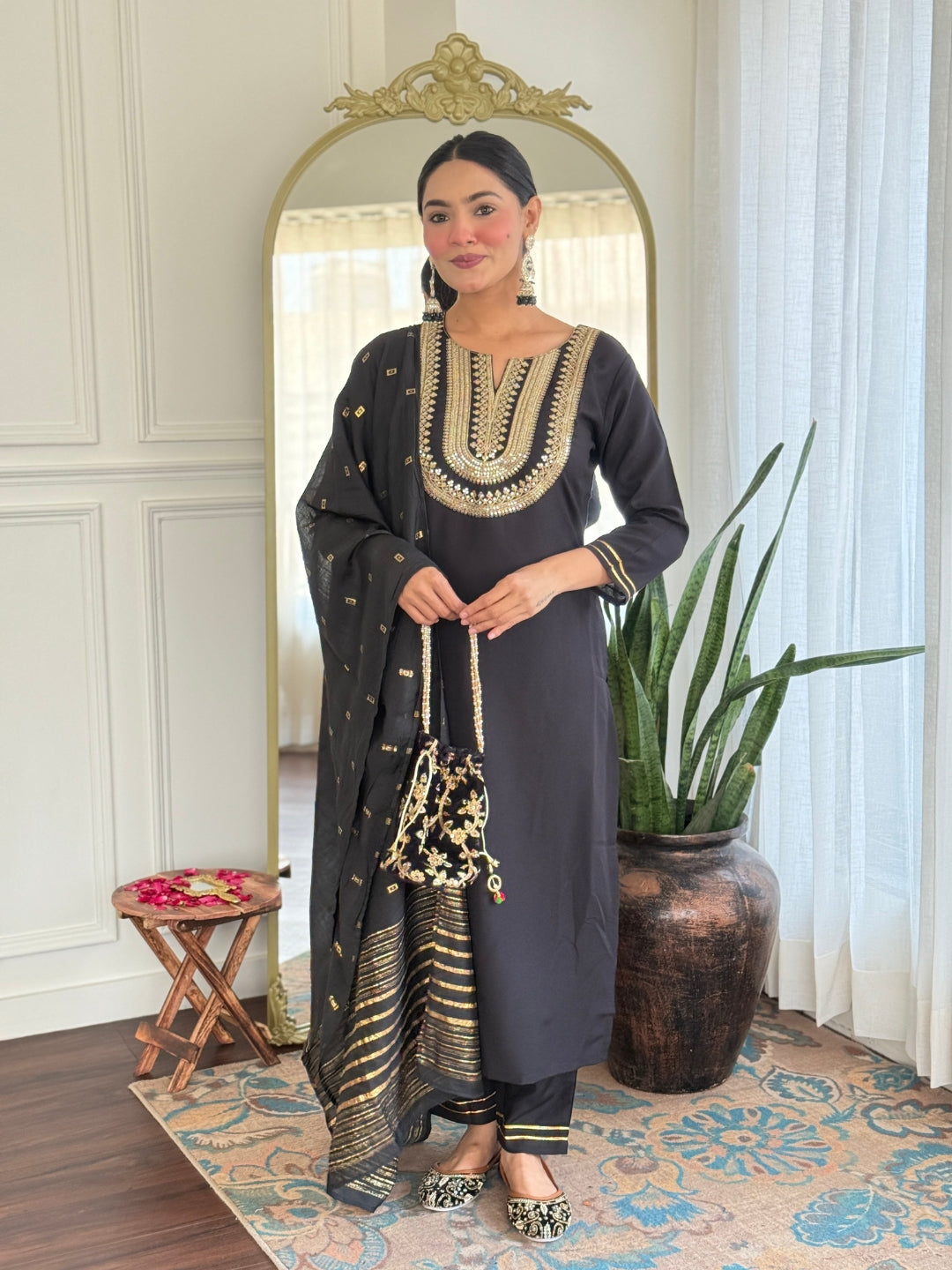 The52 Women's Black Embroidered Cotton Slub Fabric Straight Kurta, Pant and Dupatta Set - Swadesiicart