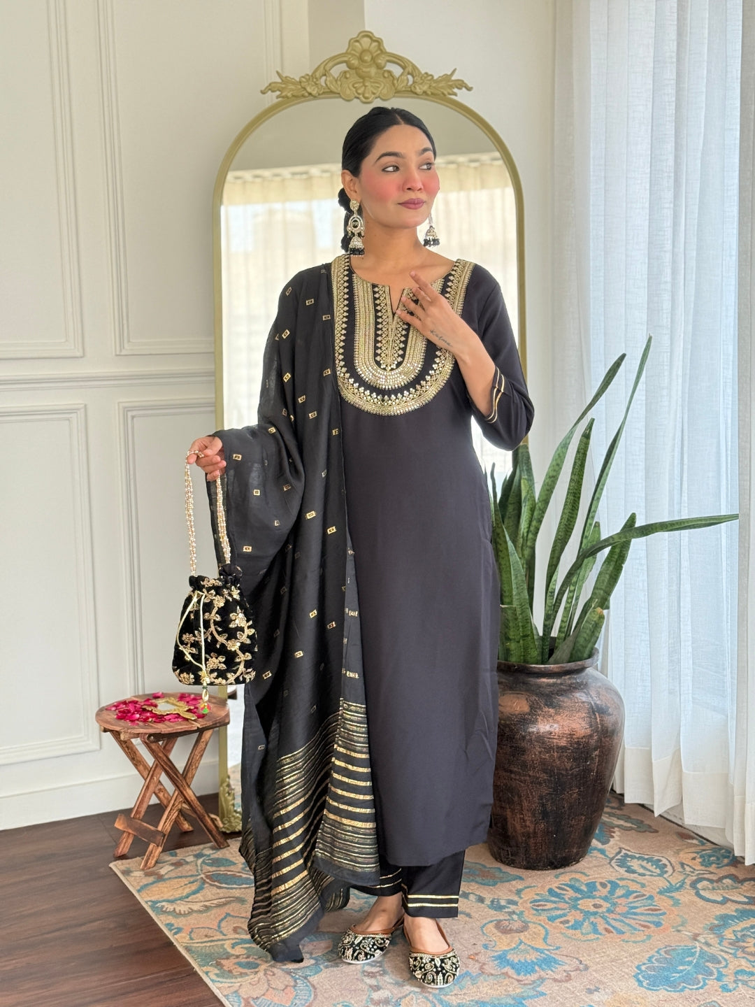 The52 Women's Black Embroidered Cotton Slub Fabric Straight Kurta, Pant and Dupatta Set - Swadesiicart