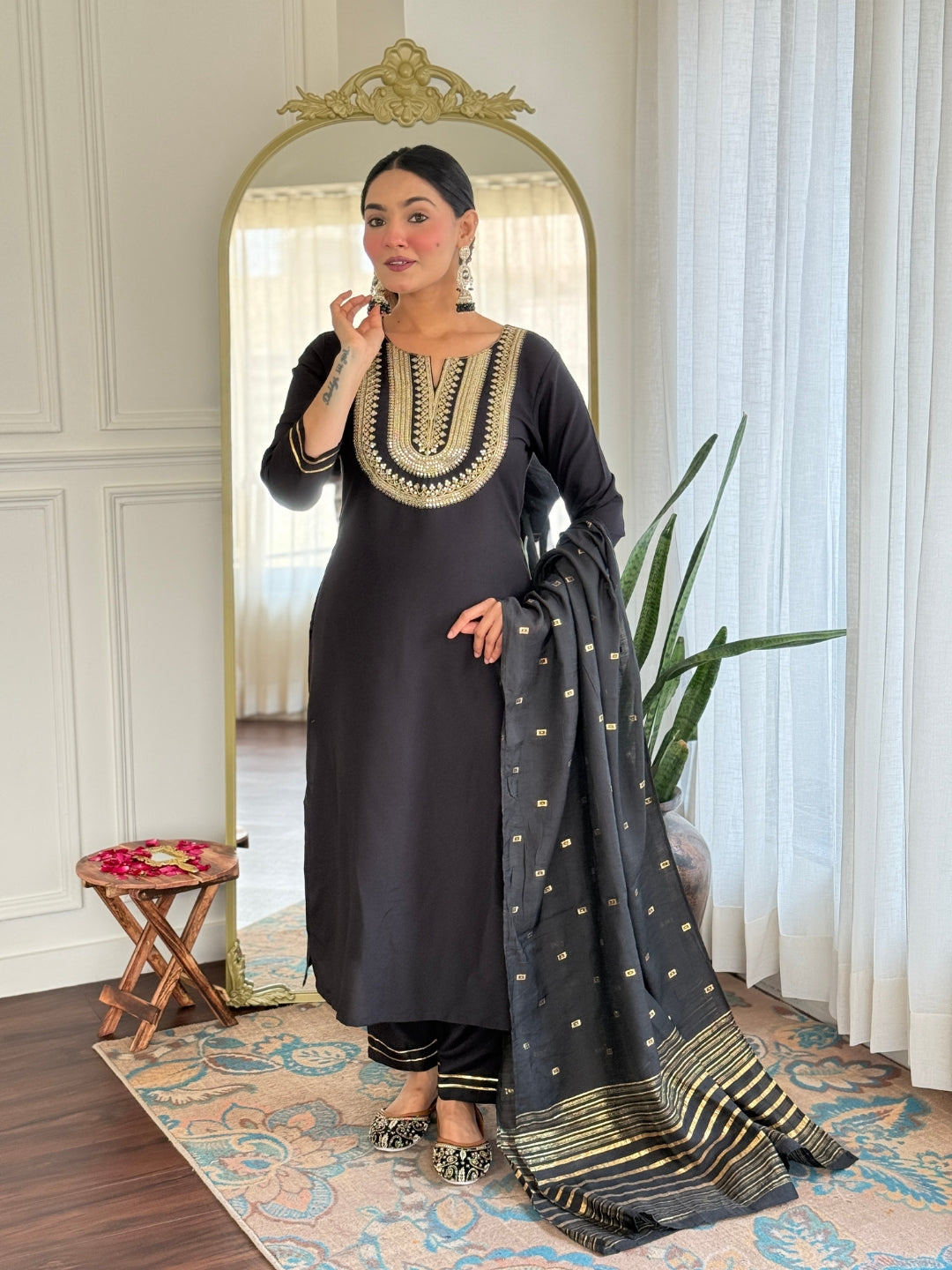 The52 Women's Black Embroidered Cotton Slub Fabric Straight Kurta, Pant and Dupatta Set - Swadesiicart
