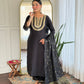 The52 Women's Black Embroidered Cotton Slub Fabric Straight Kurta, Pant and Dupatta Set - Swadesiicart