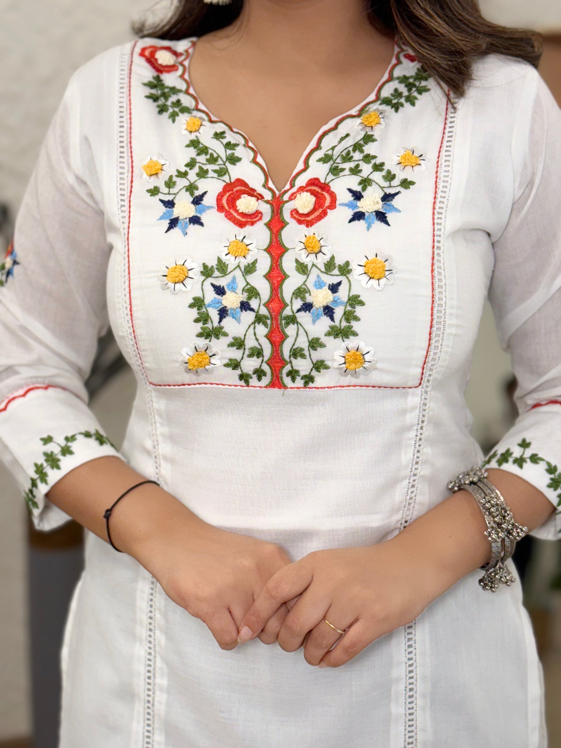 Lorenvalley White Cotton Embroidered & Khatli Hand Work Kurta with Pant - Swadesiicart