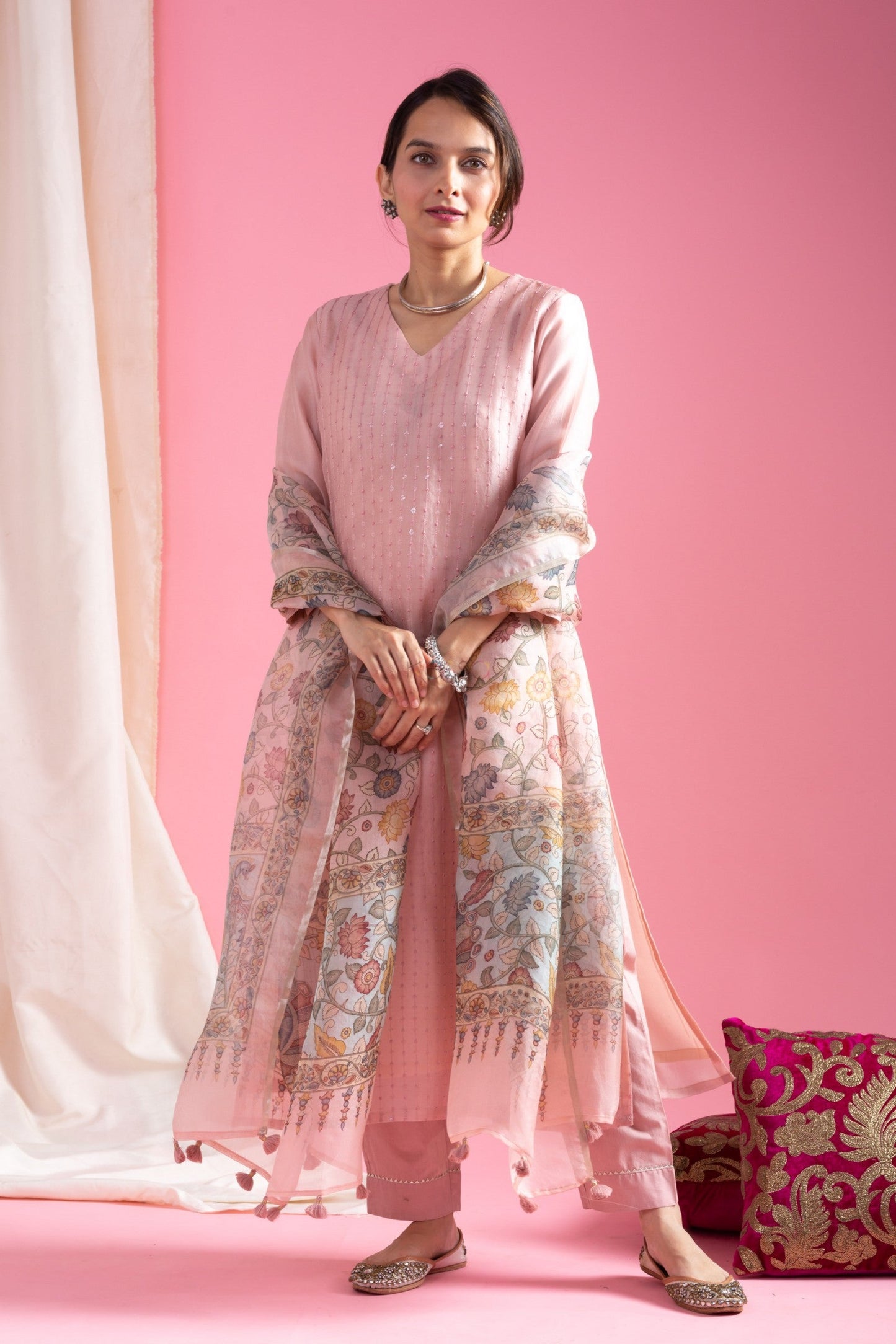 Lorenvalley Pink Roman Silk Embroidered With Sequence work Kurta Set - Swadesiicart
