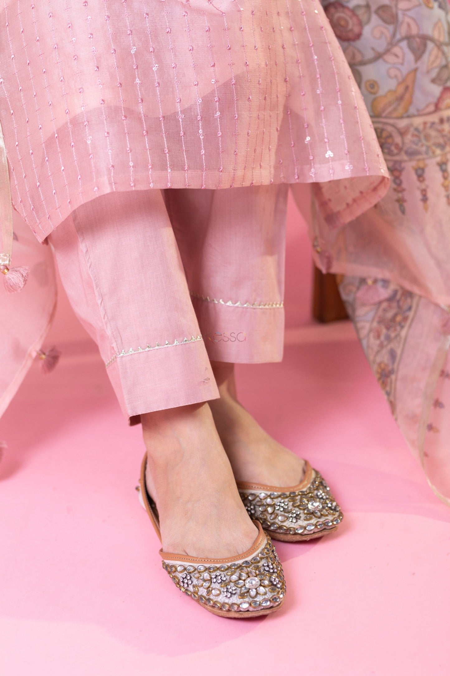 Lorenvalley Pink Roman Silk Embroidered With Sequence work Kurta Set - Swadesiicart