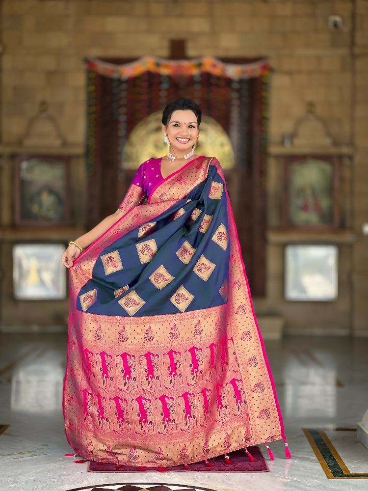 PR Fashion Morpich Soft Banarasi Silk With Zari Weaving Meenakari Design Saree | Swadesiicart