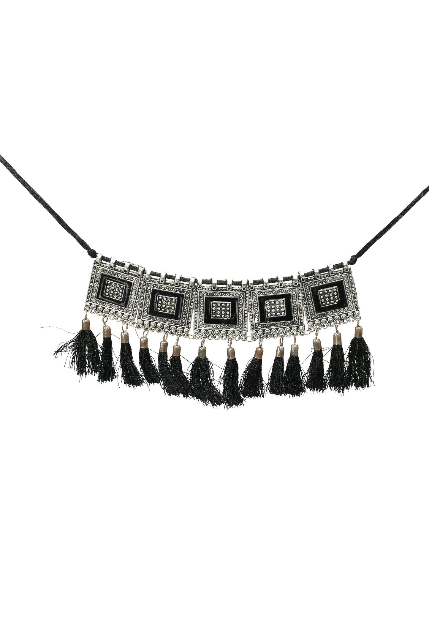 Mominos Fashion Johar Kamal Oxidised Silver-Plated Brass Finish Tassel Work Handicraft Choker For Women (Black) | Swadesiicart