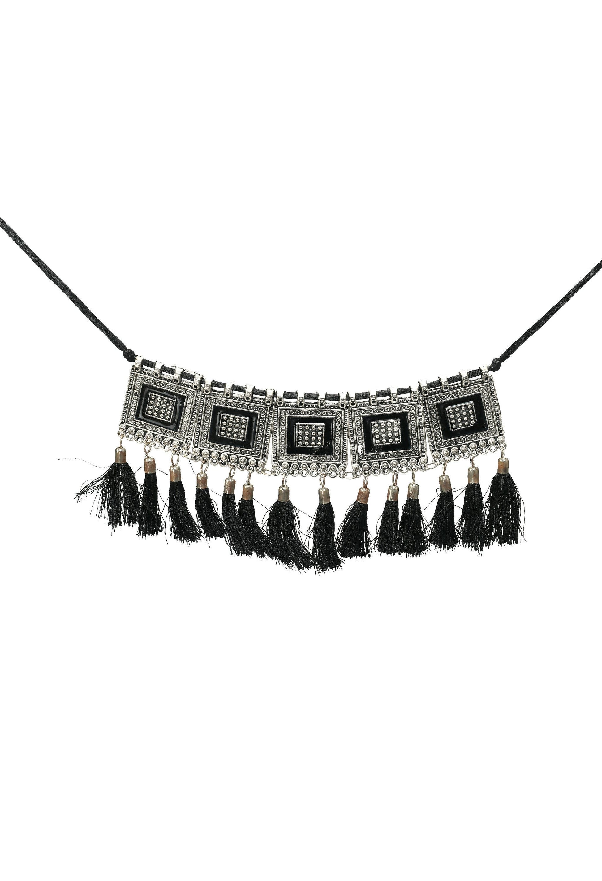 Mominos Fashion Johar Kamal Oxidised Silver-Plated Brass Finish Tassel Work Handicraft Choker For Women (Black) | Swadesiicart