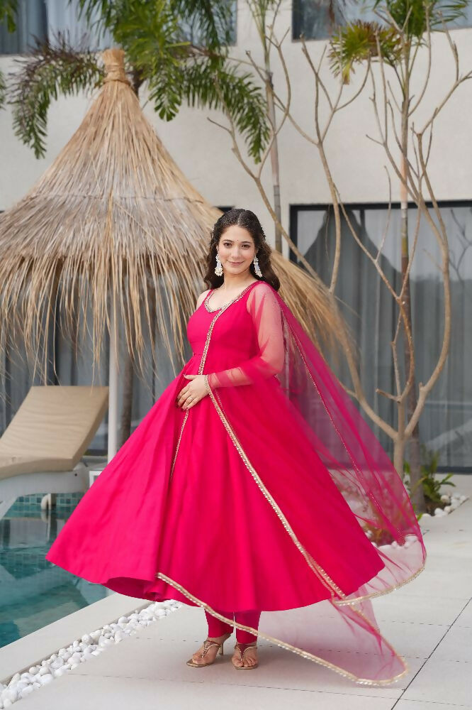 Joban Fashion Rani Pink Kurta Set Chanderi Sequence Embroidery Work - Swadesiicart
