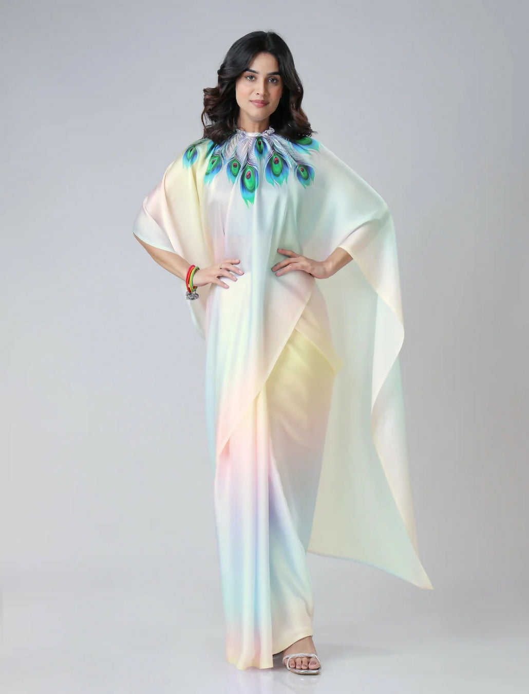 Vastranavya Pastel Rainbow Freehand Peacock Feather Print Ready to Wear Saree | Swadesiicart