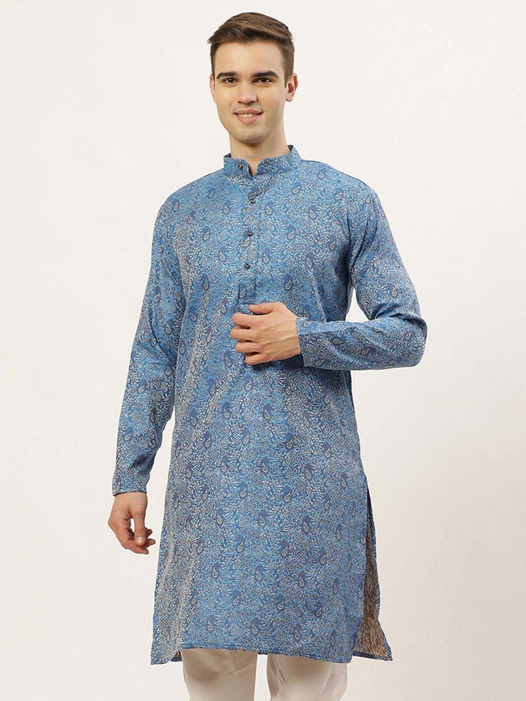 Jompers Men's Blue Printed Jacquard Kurta Only | Swadesiicart