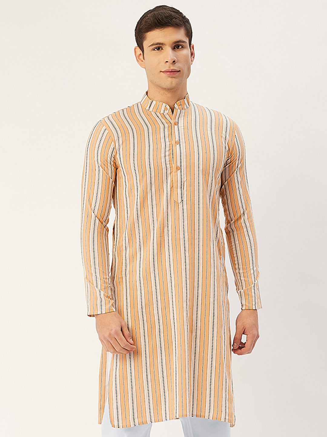 Jompers Men's Yellow Cotton Striped Kurta Only | Swadesiicart