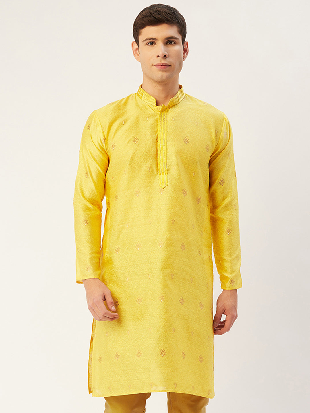 Jompers Men's Yellow Coller Embroidered Woven Design Kurta Only | Swadesiicart
