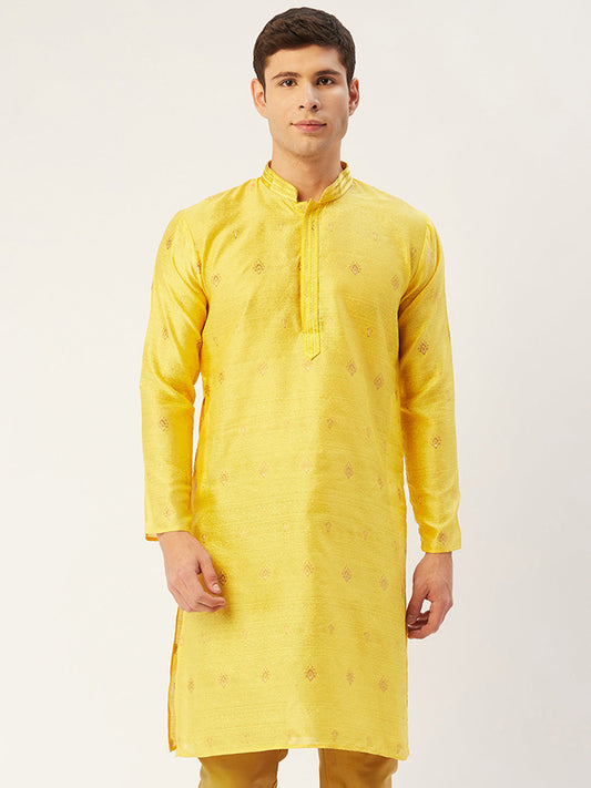 Jompers Men's Yellow Coller Embroidered Woven Design Kurta Only | Swadesiicart