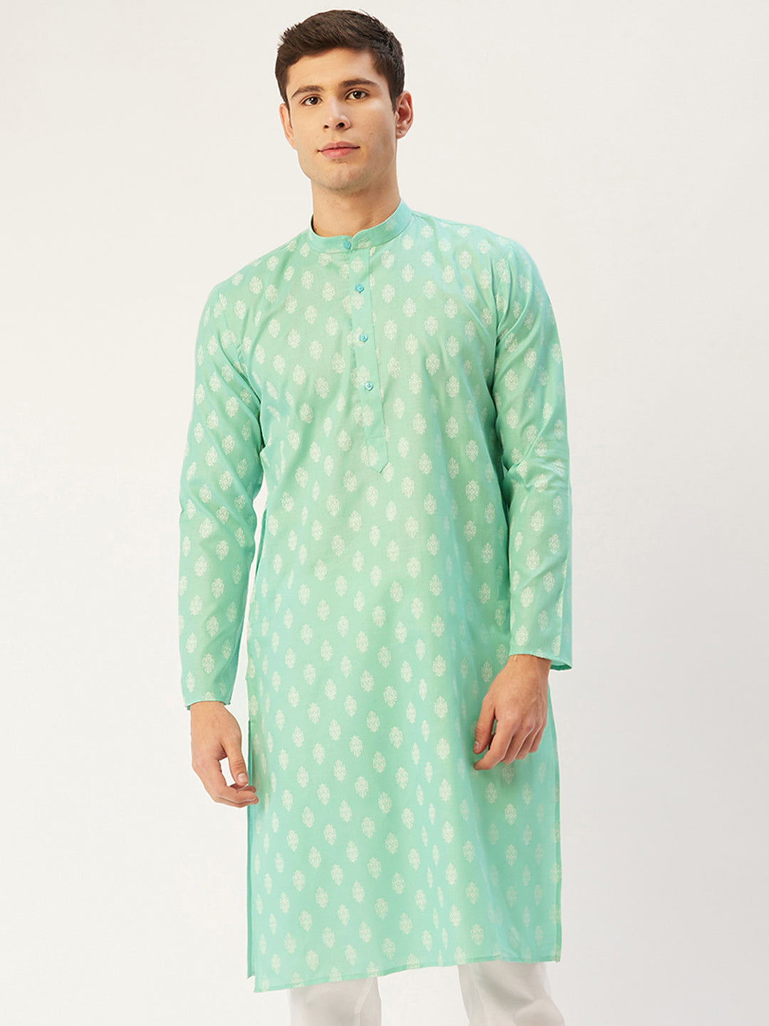 Jompers Men's Green Cotton Floral printed kurta Only | Swadesiicart
