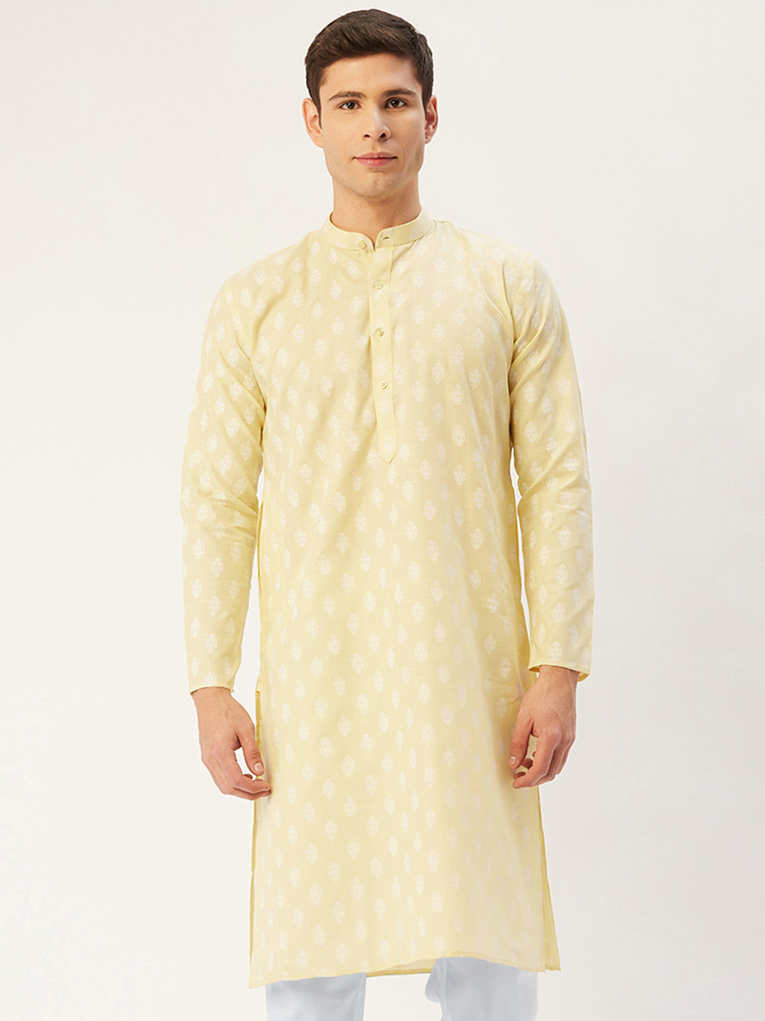 Jompers Men's Yellow Cotton Floral printed kurta Only | Swadesiicart